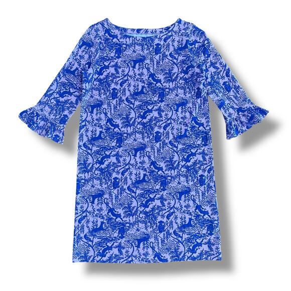 Lilly Pulitzer Girls XL 12-14 Shift Dress Pink Blue Animal Print‎ Bell Sleeve - Picture 1 of 7
